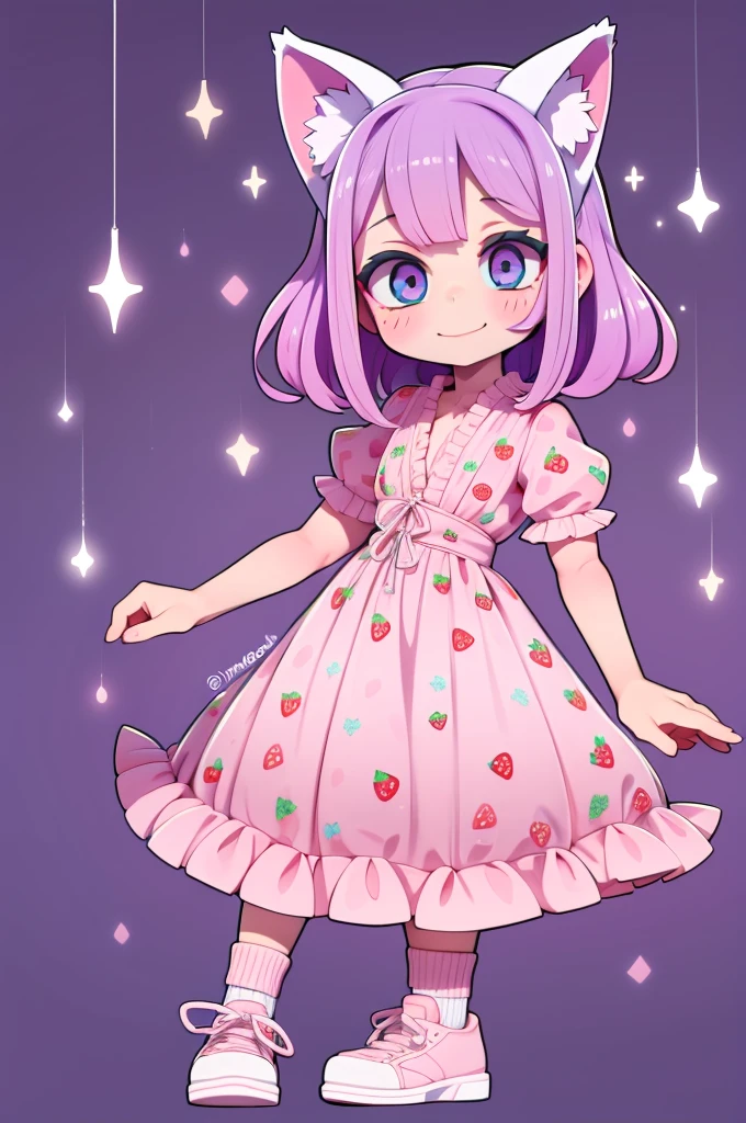 1 girl, chibi, tiny, toddler, pink hair, purple hairclips, cat ears, light skin, blue eyes, sparkle in eyes, purple pacifier, wearing light blue strawberry pattern dress, black flat shoes, white ruffle socks, colorful bead bracelets, smiling