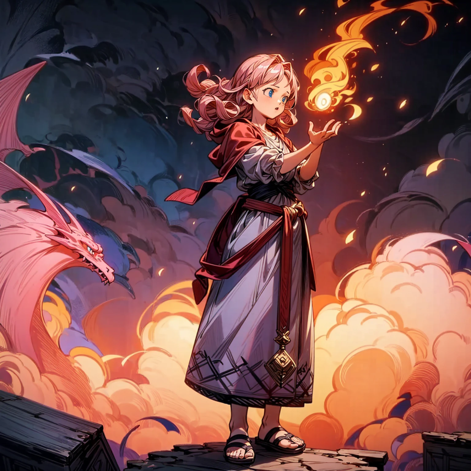 1girl, Full body version, 1character, blue eyes, long Curly haircut, pink colour hair, Ancient Roman clothing, red colour clothing, sandals, Grassroots, background in field town, motion blur, standing gesture, fire burning in hand, (dragon ball style art)