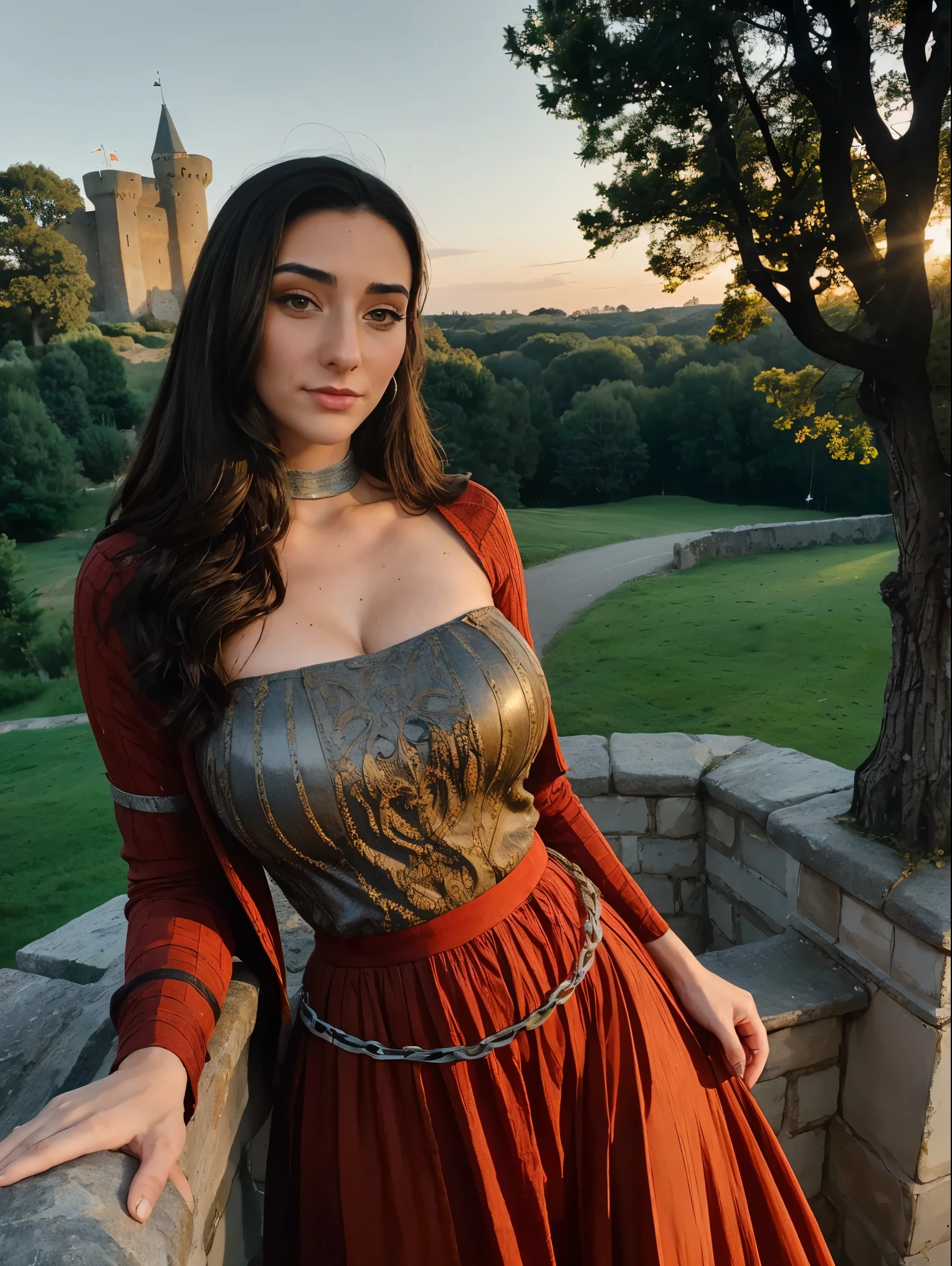 Gorgeous and sultry busty athletic (thin) brunette queen with sharp facial features wearing a modest updo, dark red medieval dress, long sleeves, intricate patterns, scrollwork, wide neck, crown, veil, long dress, modest dress, tight bodice, silver belt, (waist chain), medieval jewelry, Middle Ages, castle, rampart, wall, exterior, on top of a castle wall, trees, countryside, evening, sunset.