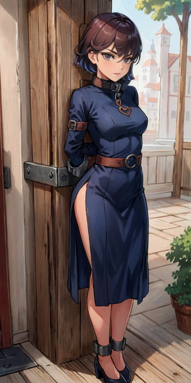 (Masterpiece, best quality, intricate details, ologirl) iron collar, arms behind back, iron cuffs, shackles, bound ((standing by wooden pole:1.2)) looking from above happy closed mouth