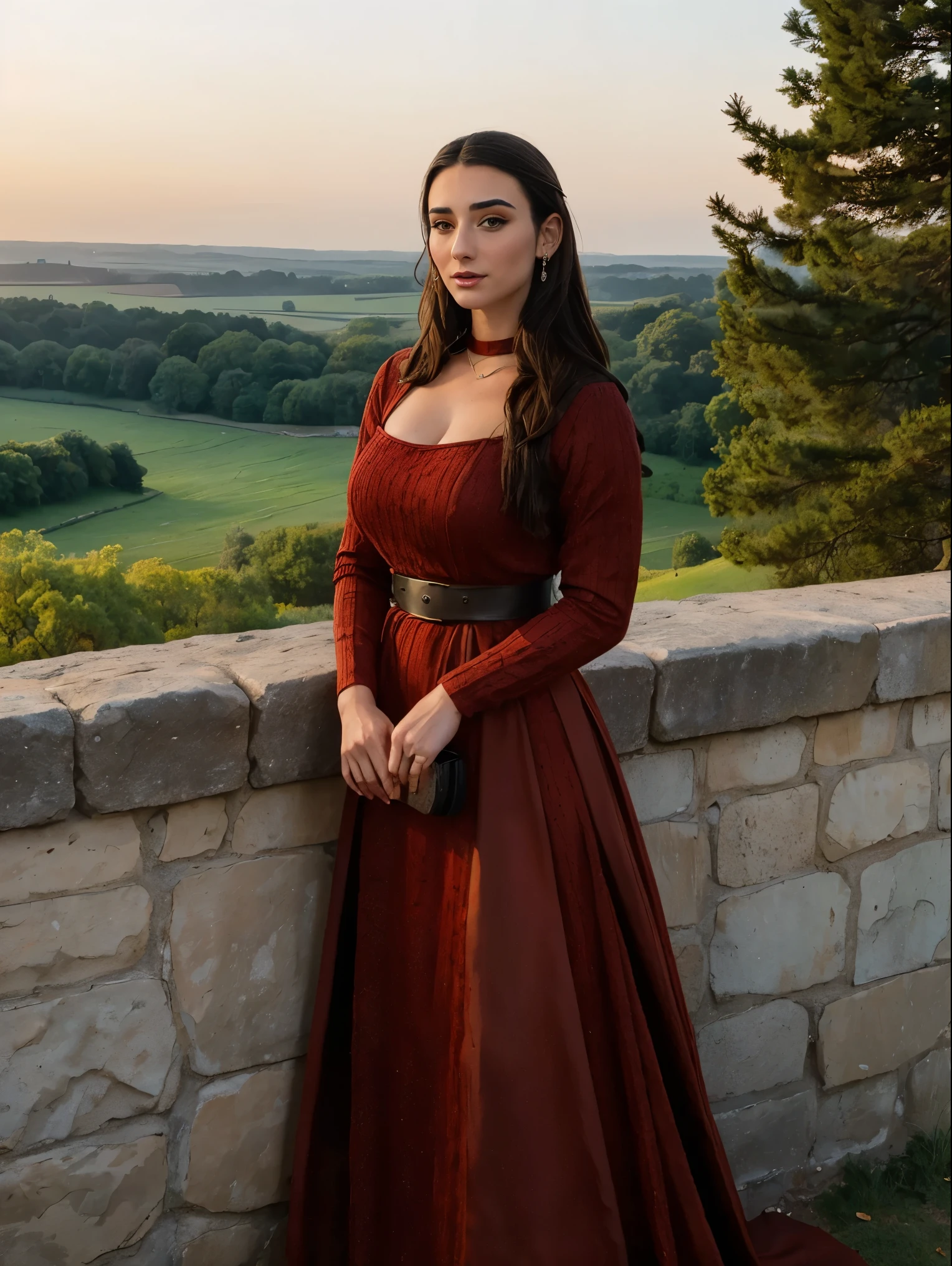 Gorgeous and sultry busty athletic (thin) brunette queen with sharp facial features wearing a modest updo, dark red medieval dress, long sleeves, intricate patterns, scrollwork, wide neck, crown, veil, long dress, modest dress, tight bodice, silver belt, (waist chain), medieval jewelry, Middle Ages, castle, rampart, wall, exterior, on top of a castle wall, trees, countryside, evening, sunset.
