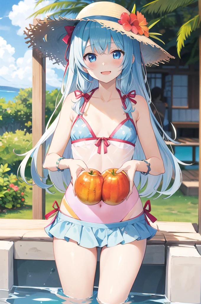 Girl、cute、Yandere、Menhera、Clear、Bangs、Young、Loriコン、、Young、cute、Light blue eyes、White pink hair、Super Long Style、Palm fruit、Straw hat、Big ribbon、cute、Spoiled、Watery eyes、heart、heart,smile、be happy、Eyes glow blue、Red cheeks、Hawaii、White Bikini,Smaller chest