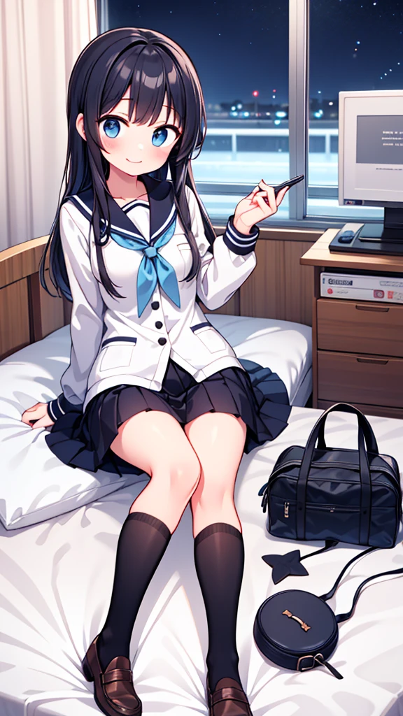 {Highest quality], [so beautiful], [Ultra-fine], [Best illustrations], Browsing Caution,Black Hair, Hime cut, Long Hair, With bangs, girl,high school student,uniform,knit,skirt,smile, blush, Slender women, Adult female,(public),,diagonal, Navy blue knee socks,Black Loafers.night,Health Room,Lying in bed feeling unwell