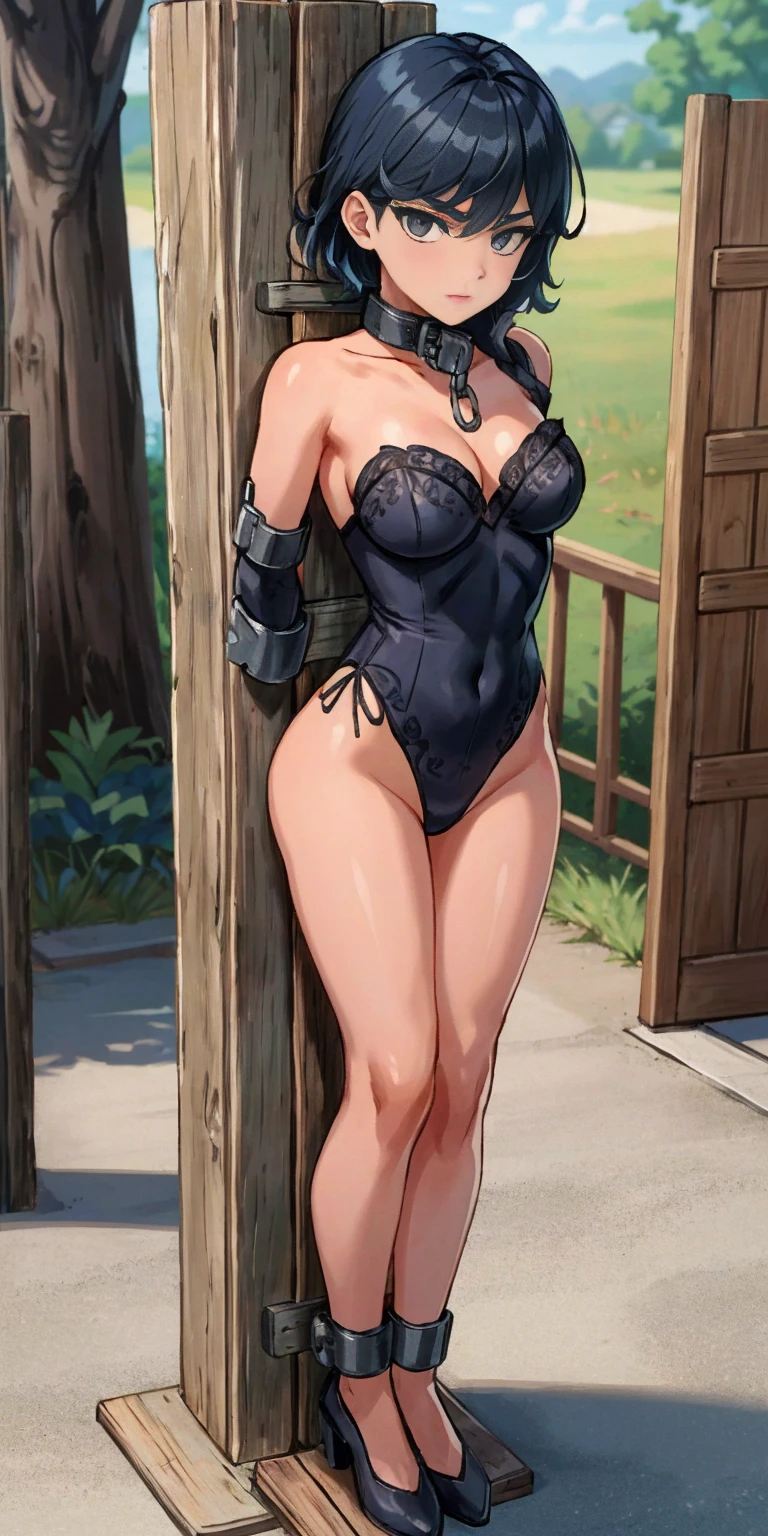 (Masterpiece, best quality, intricate details, 1sologirl) iron collar, arms behind back, iron cuffs, shackles, bound ((standing by wooden pole:1.2)) looking from above happy closed mouth