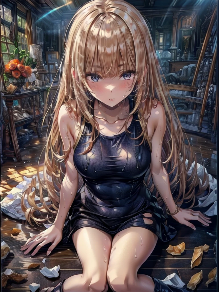 (masterpiece:1.3, Highest quality, Ultra-high resolution, Very detailed), (Realistic, photoRealistic:1.4), Beautiful illustrations, Perfect lighting, Natural light, Written boundary depth, , Beautiful detailed hair, Beautifully detailed face, Beautiful attention to detail, Beautiful clavicle, Beautiful body, Beautiful breasts, Beautiful thighs, Beautiful legs, Beautiful Hands, View your audience, (Face Focus), 1 girl, high school girl, The whole body is covered in oilで光沢感がある Tissue paper cut into small pieces, A small crumpled roll of tissue paper, A small piece of tissue paper that had fallen to the ground, torn apart and crumpled, Excessive sweating on the face,Sweat dripping down,Sitting on an old bed, Duvet with a light yellow stain Old gym mat ,Gymnasium Warehouse, There are lots of small rolled up tissue papers on the floor. , Crumpled garbage is scattered everywhere., Very old gym mat, Messy room, Dimly lit room Hardwood Floors Scattered small rolled tissue papers Upper body sailor suit, Lower body swimsuit Inner swimwear Illustration Style Anime Style Small lips Face of Shame Embarrassing beautiful girl Very cute clothes Cheeks pink Light purple hair Blonde long hair super curly hair Super long sideburns Rubber clothing hair band Pearl white silk tights that become transparent when wet White super long boots Big eyes Hanging eyes Angry Blushing Shocking Pink Rouge Sweating profusely A small roll of tissue paper The whole body is wet from rain Mucus clings to the whole body Steam coming out of the whole body Steam rises across the screen. White Breath Haa The whole body is covered in oil evening Overall orange background Sunset sunshine