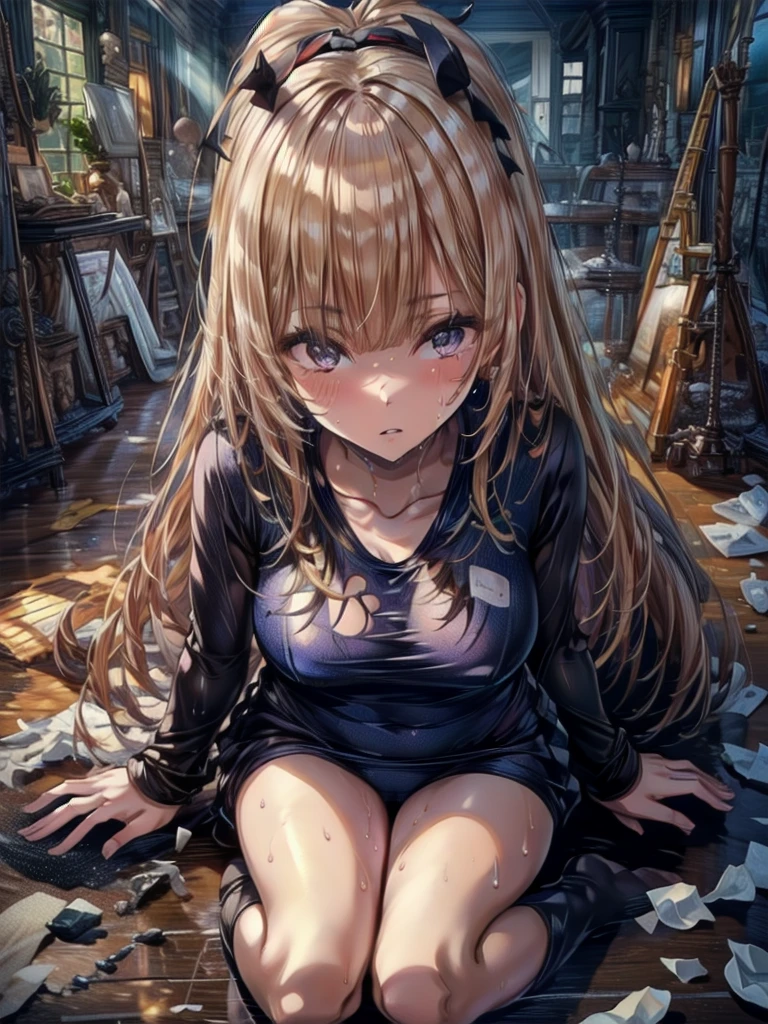 (masterpiece:1.3, Highest quality, Ultra-high resolution, Very detailed), (Realistic, photoRealistic:1.4), Beautiful illustrations, Perfect lighting, Natural light, Written boundary depth, , Beautiful detailed hair, Beautifully detailed face, Beautiful attention to detail, Beautiful clavicle, Beautiful body, Beautiful breasts, Beautiful thighs, Beautiful legs, Beautiful Hands, View your audience, (Face Focus), 1 girl, high school girl, The whole body is covered in oilで光沢感がある　Tissue paper cut into small pieces,　 A small crumpled roll of tissue paper, A small piece of tissue paper that had fallen to the ground, torn apart and crumpled,　Excessive sweating on the face,Sweat dripping down,Sitting on an old bed,　Duvet with a light yellow stain　Old gym mat ,Gymnasium Warehouse,　There are lots of small rolled up tissue papers on the floor. ,　Crumpled garbage is scattered everywhere.,　Very old gym mat, 　 Messy room,　　Dimly lit room　Hardwood Floors　Scattered small rolled tissue papers　Upper body sailor suit, Lower body swimsuit　Inner swimwear　Illustration Style　Anime Style　Small lips　Face of Shame　Embarrassing　beautiful girl　Very cute clothes　Cheeks pink　Light purple hair　Blonde long hair　super curly hair　Super long sideburns　Rubber clothing　hair band　Pearl white silk tights that become transparent when wet　White super long boots　Big eyes　Hanging eyes　Angry　Blushing　Shocking Pink Rouge　Sweating profusely　　A small roll of tissue paper　The whole body is wet from rain　Mucus clings to the whole body　Steam coming out of the whole body　Steam rises across the screen.　White Breath　Haa　The whole body is covered in oil　evening　Overall orange background　Sunset sunshine