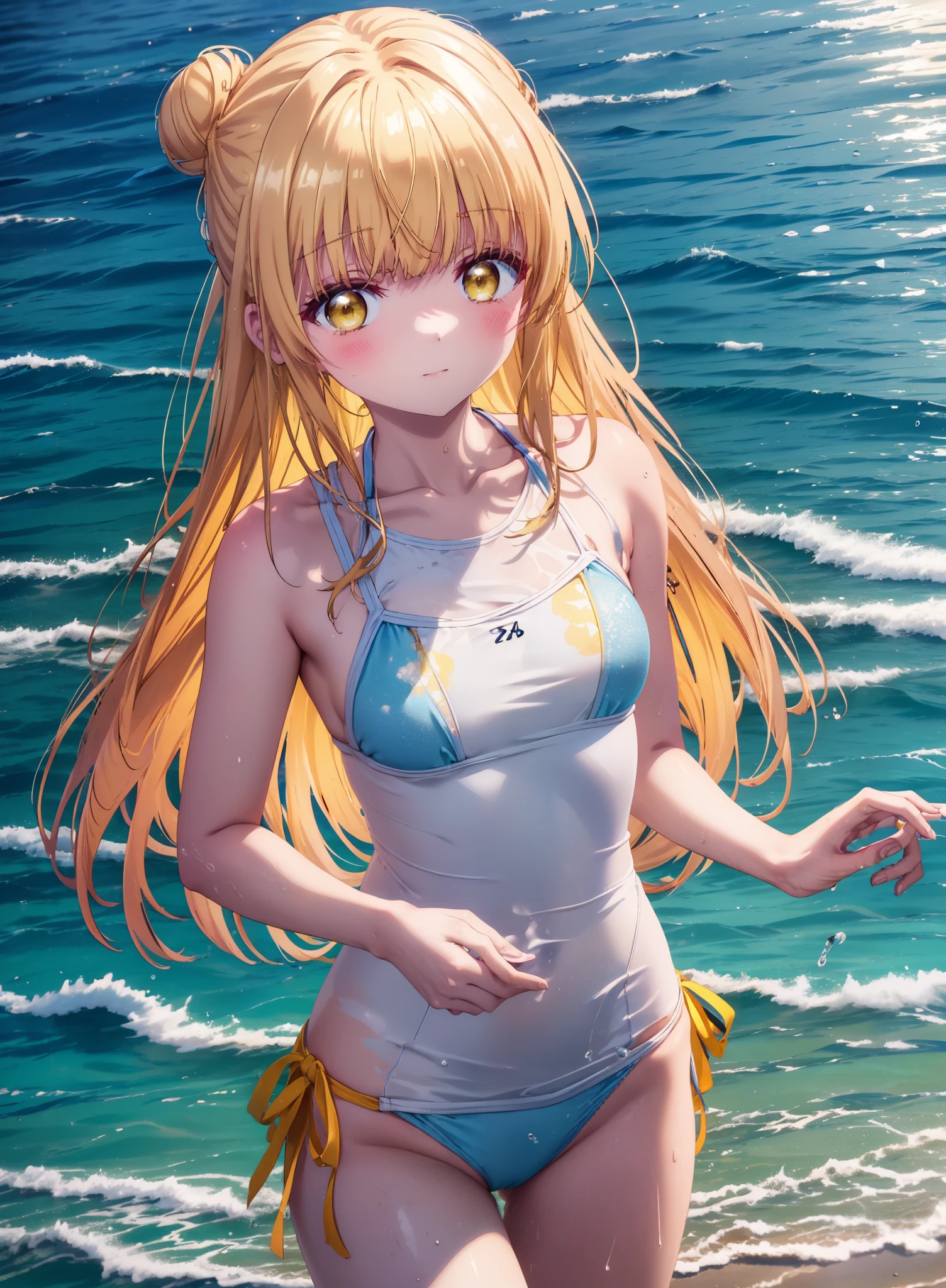 mahirushiina, Mahiru Shiina, Long Hair, bangs, Blonde, Brown Hair, (Yellow Eyes:1.3), smile,blush,Hair Bun, double  Hair Bun,Yellow string bikini swimsuit,barefoot,Water Play,Ocean,Sandy Beach,whole bodyがイラストに入るように,Wet Hair,Wet Skin,Wet swimsuit,
break outdoors, Beach,
break looking at viewer, whole body,(Cowboy Shot:1. 5)
break (masterpiece:1.2), Highest quality, High resolution, unity 8k wallpaper, (figure:0.8), (Beautiful attention to detail:1.6), Highly detailed face, Perfect lighting, Highly detailed CG, (Perfect hands, Perfect Anatomy),