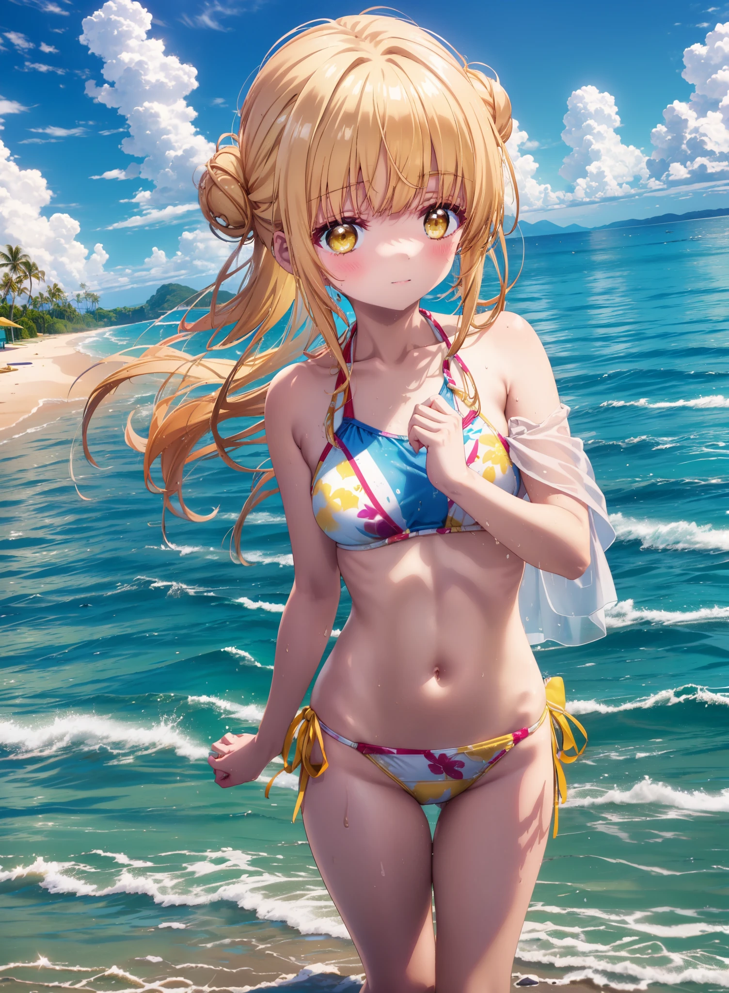 mahirushiina, Mahiru Shiina, Long Hair, bangs, Blonde, Brown Hair, (Yellow Eyes:1.3), smile,blush,Hair Bun, double  Hair Bun,Yellow string bikini swimsuit,barefoot,Water Play,Ocean,Sandy Beach,whole bodyがイラストに入るように,Wet Hair,Wet Skin,Wet swimsuit,
break outdoors, Beach,
break looking at viewer, whole body,(Cowboy Shot:1. 5)
break (masterpiece:1.2), Highest quality, High resolution, unity 8k wallpaper, (figure:0.8), (Beautiful attention to detail:1.6), Highly detailed face, Perfect lighting, Highly detailed CG, (Perfect hands, Perfect Anatomy),