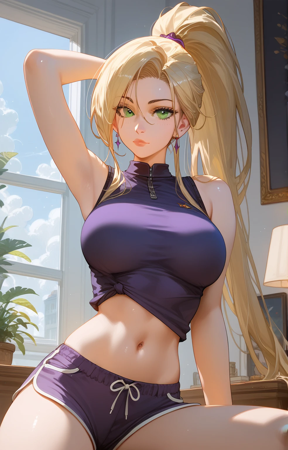 (score_9, score_8_up, score_7_up, score_6_up, score_5_up, score_4_up), masterpiece, best quality, high_resolution, 8k, UHD, 1girl, detailed, extremely detailed, best anatomy, (large breasts), indoor, long hair, blonde hair, high ponytail, green eyes, sleeveless shirt, shorts, purple clothes, navel, 