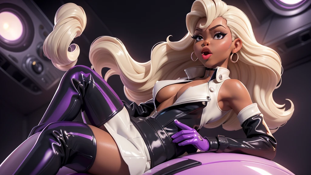 obra prima, melhor qualidade, ((two women only,)) ((michelle obama, 50 years, dark black skin, platinum blonde 70s style hair, puffy duck lips, shiny pearl lipstick,)) head back, ((sexy sultry wicked look, open mouth, pucker mouth,)) ((wearing shiny violet pvc biker blazer,)) ((jacket is unzipped and wide open, small breasts, nip slip,)) jacket has padded puff shoulders, shiny leather gloves, ((shiny cream white micro mini pvc skirt,)) body is skinny, shiny tight buttocks, ((in luxury convertible, sexy tongue kissing, stick shift between legs,)) (camera view of whole body,) looking up at me, shallow depth of field, highres, HD, 8k, anatomically correct
