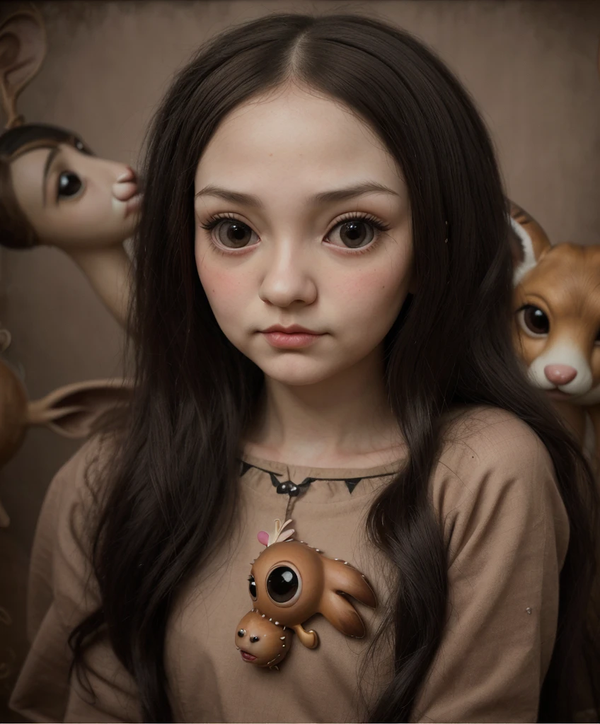 Painting of a girl with deer antlers on her head, Estilo Mark Ryden, Mark Ryden muy detallado, Estilo de Mark Ryden, Naoto Hattori, Surrealismo pop lowbrow, Mark Ryden en el estilo de, benjamin lacombe,  Earley, Surrealismo pop Lowbrow Art Style, Arte lowbrow, por Mark Ryden,  cute and beautiful, wearing cap, more details, amazing,  Monalisa style, lowbrow Monalisa, cute Monalisa