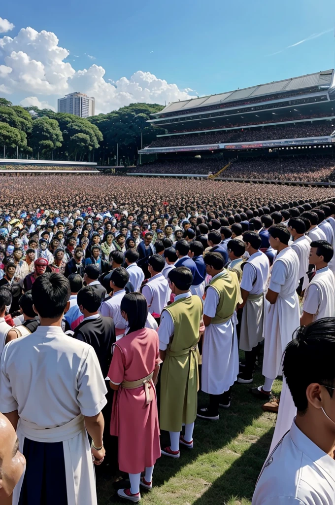 A anime scene. In a open ground an oath taking ceremony is held. Thousands of pepole gathered 