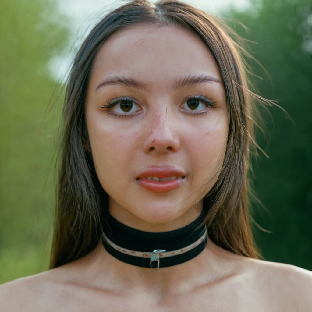 Skin texture, no makeup, Super high res closeup portrait photo of a woman outdoors with straight hair, wearing a small choker around her neck,f /2.8, Canon, 85mm,cinematic, high quality,looking at the viewer, olxrdrigo,