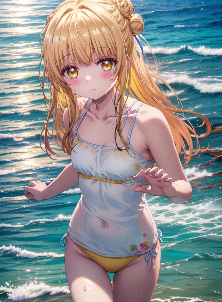 mahirushiina, Mahiru Shiina, Long Hair, bangs, Blonde, Brown Hair, (Yellow Eyes:1.3), smile,blush,Hair Bun, double  Hair Bun,Yellow bikini swimsuit,barefoot,Water Play,Ocean,Sandy Beach,whole bodyがイラストに入るように,Wet Hair,Wet Skin,Wet swimsuit,
break outdoors, Beach,
break looking at viewer, whole body,(Cowboy Shot:1. 5)
break (masterpiece:1.2), Highest quality, High resolution, unity 8k wallpaper, (figure:0.8), (Beautiful attention to detail:1.6), Highly detailed face, Perfect lighting, Highly detailed CG, (Perfect hands, Perfect Anatomy),