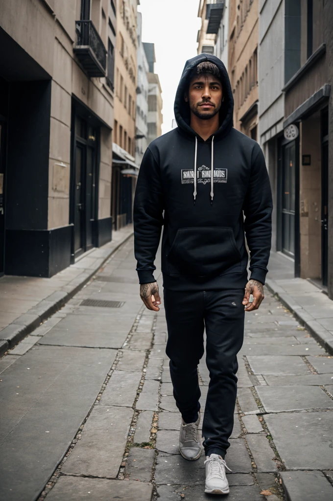 A man wearing a hoodie walking to the dark, right corner written SEE YOU AGAIN made with stones