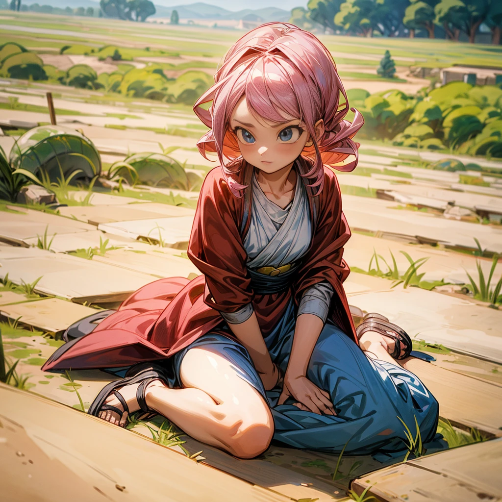1childern girl, Full body version, 1character, children girl version, blue eyes, long Curly haircut, pink colour hair, Ancient Roman clothing, red colour clothing, sandals, Grassroots, background in field town, motion blur, Lie down gesture, (dragon ball style art)