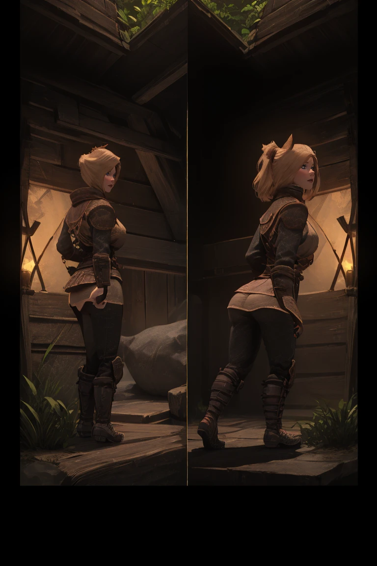 1 girl, masterpiece, 32 yo, femalebreton beauty sits outdoors in a rustic Skyrim village, surrounded by thatched roofs and lush greenery. The sun casts a warm glow on her porcelain skin as she gazes directly into the camera lens, her piercing green eyes sparkling with a hint of mischief. Her raven tresses cascade down her back like a waterfall, framing her heart-shaped face. A gentle smile plays on her lips, inviting the viewer to step into her whimsical world. blonde hair, fit body, Skyrim style, (female front view:1:3), looking at the viewer