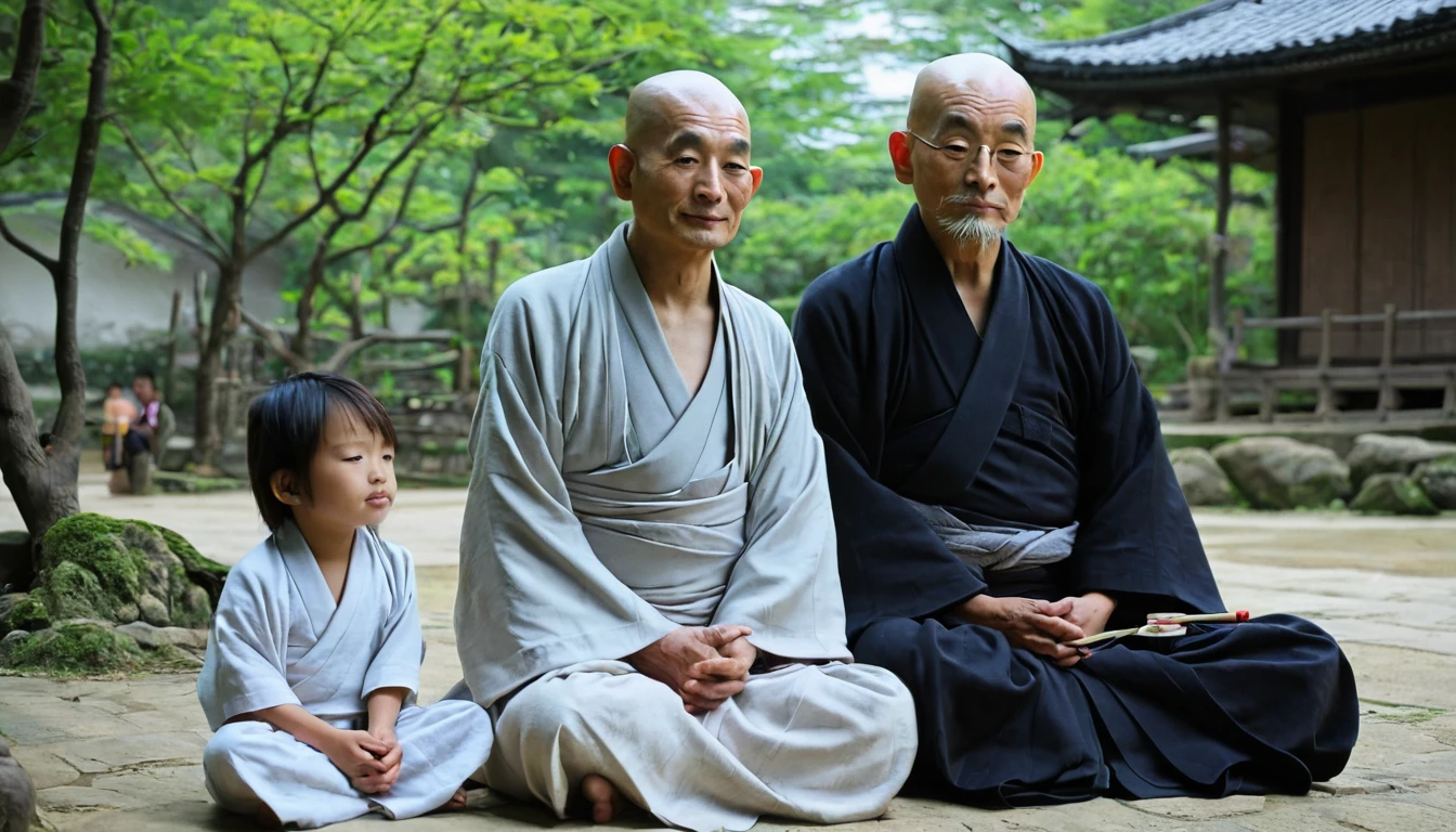 old zen master and his young student in a village
