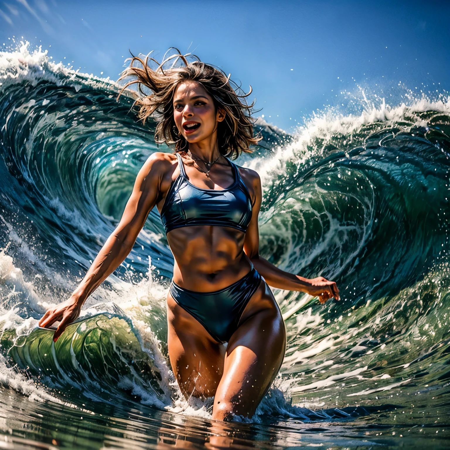 A Stunning girl in WHITE (Skinny school swimwear) surfing on the waves, BackLighting, standing on her surfboard (Floating on Top of a Wave:1.37), surrounded by sparkling water. WetHair Oiled pearl skin, Splashing sparkling water Particles, TyndallEffect ((Dazzling colorful Horizon Visible through ThighGap)) Starry IridescentParticles  BREAK  beautiful detailed eyes with (sparkling highlights:1.28), (extremely detailed face), Dynamic Joyful Expressions LifeLike Rendering  (ManoErina:1.0)