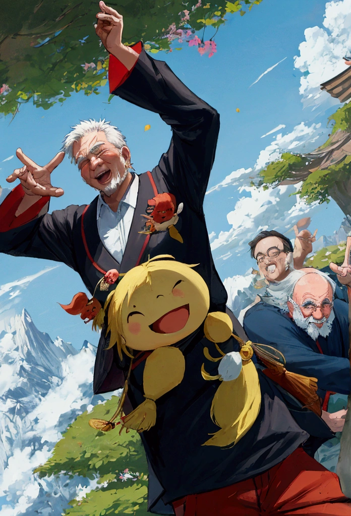 Anime-style, an old man with a big bump on his cheek is happily singing and dancing with tengu and his friends in the mountains. Aspect ratio is 16:9