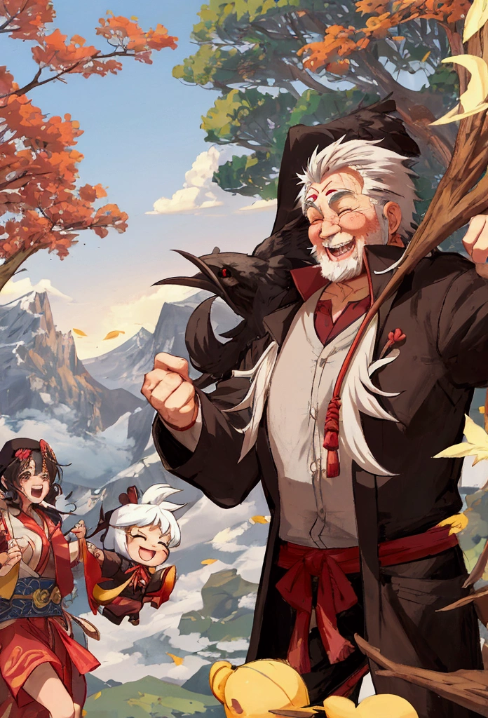 Anime-style, an old man with a big bump on his cheek is happily singing and dancing with tengu and his friends in the mountains. Aspect ratio is 16:9