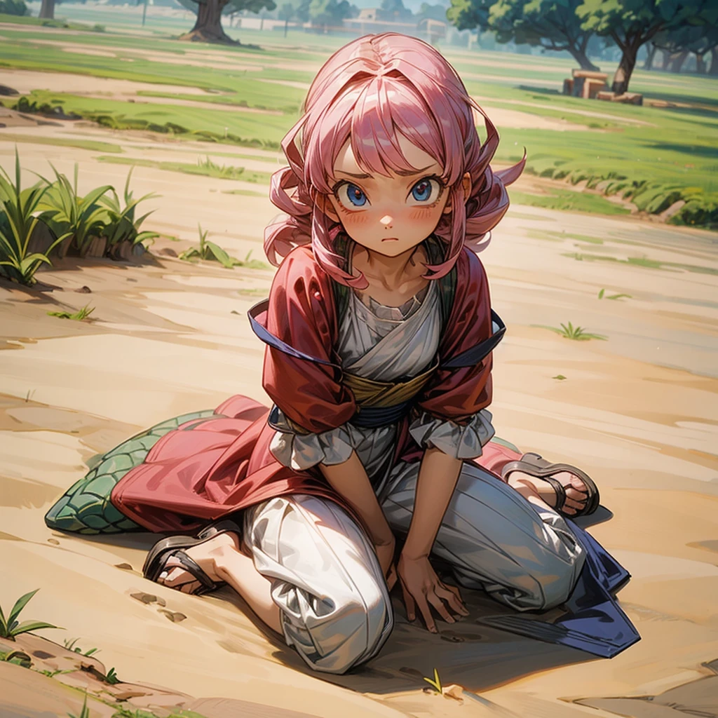 1childern girl, Full body version, 1character, children girl version, blue eyes, long Curly haircut, pink colour hair, Ancient Roman clothing, red colour clothing, sandals, Grassroots, background in field town, motion blur, Lie down gesture, (dragon ball style art)