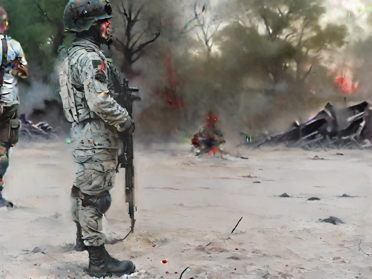 Evoking the essence of Metallica "one," visualize a solitary figure, a wounded soldier on a desolate battlefield, surrounded by remains of war machines, under a blood red sky tinged with smoke and despair, focusing on tired expression, but decided, of the soldier, a surreal painting with abstract elements, Acrylic on canvas