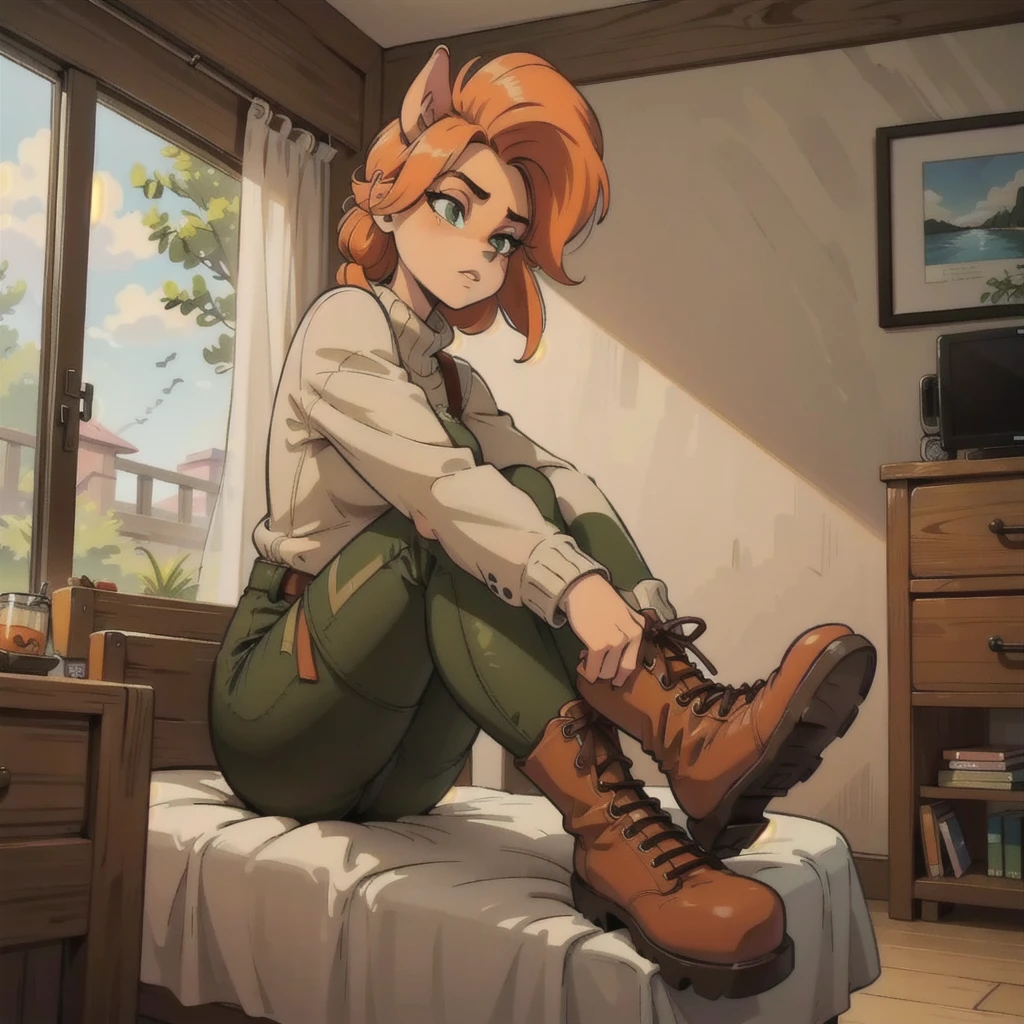 anthro bandicoot girl redhead, long hair, beautiful green eyes, relaxing moment, sexy ,seductive, warm sweater, camouflage pants, army boots, , cozy lighting, vibrant colors , girl anthro , sweater, camouflage pants, army boots, hands to boots tying your shoelaces