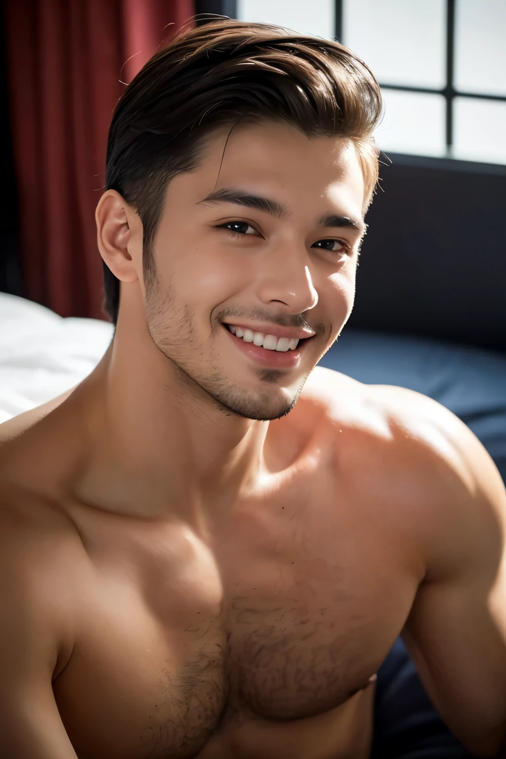 italian 25yo guy , dark short hair with fade, muscular man, Appearance ,wearing only micro thong underwear,confident expression,Sharp jawline,vibrant skin,smiling,handsome face,Lying in bed,bedroom,professional studio lighting,realistic,In Ferrari, photorealistic:1.37,portrait,vivid colors,cool tone,soft lighting,smiling,The sight that welcomes me