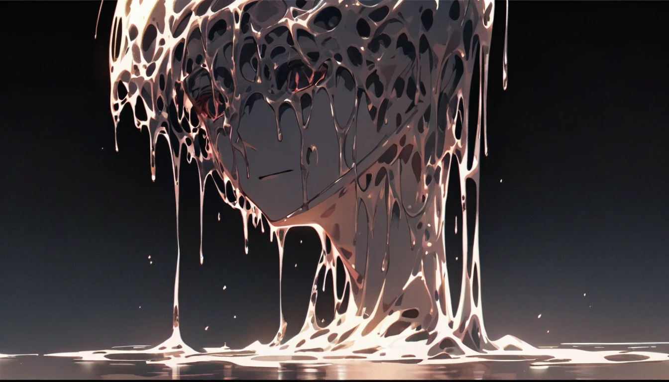 Man with liquid flowing from upper body、 My head is melting., Liquid head, Solitary,Temporarily stop, whole body, Women's shirts,Pure white room、put your hands on the chest