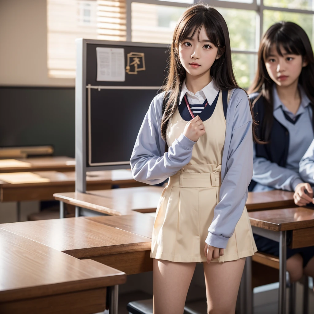 seifuku, photo, realistic, best quality, hires, detailed face, classroom, detailed background, diffused lighting, depth of field, bokeh,spread pussy