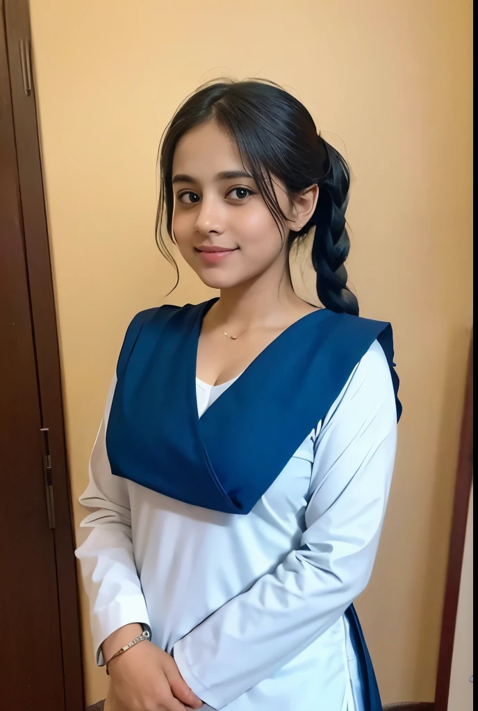 Raw photo , 1 girl  ,Wearing  salwar kameez uniform, teen school girl, with plait , professional photographer, (hdr:1.4), masterpiece, ultra-realistic 8k, perfect artwork, intrincate details, cute face, award winning photograph, (Best quality, 8k, 32k, Masterpiece, UHD:1.3) 