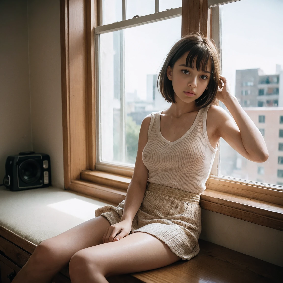 Mathilda, there is a girl sitting on a window sill looking out, fantastic realism, eon flow style, sitting on a window sill, post grunge, high quality movie still, Sunny afternoon, The girl on a window sill, Sunday afternoon, summer&#39;s afternoon, shot with an arriflex 35 ii