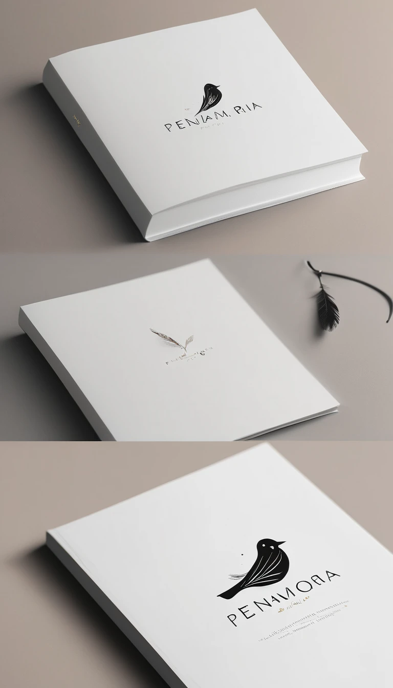 A minimal, modern, simple, cinematic logotype for the brand “Penamemoria". The logotype must be a simple, magical feather with memories of a bird . The logo must convey a sense of music, stories and dreams. Logo design impressed on a book cover. Minimalistic logo