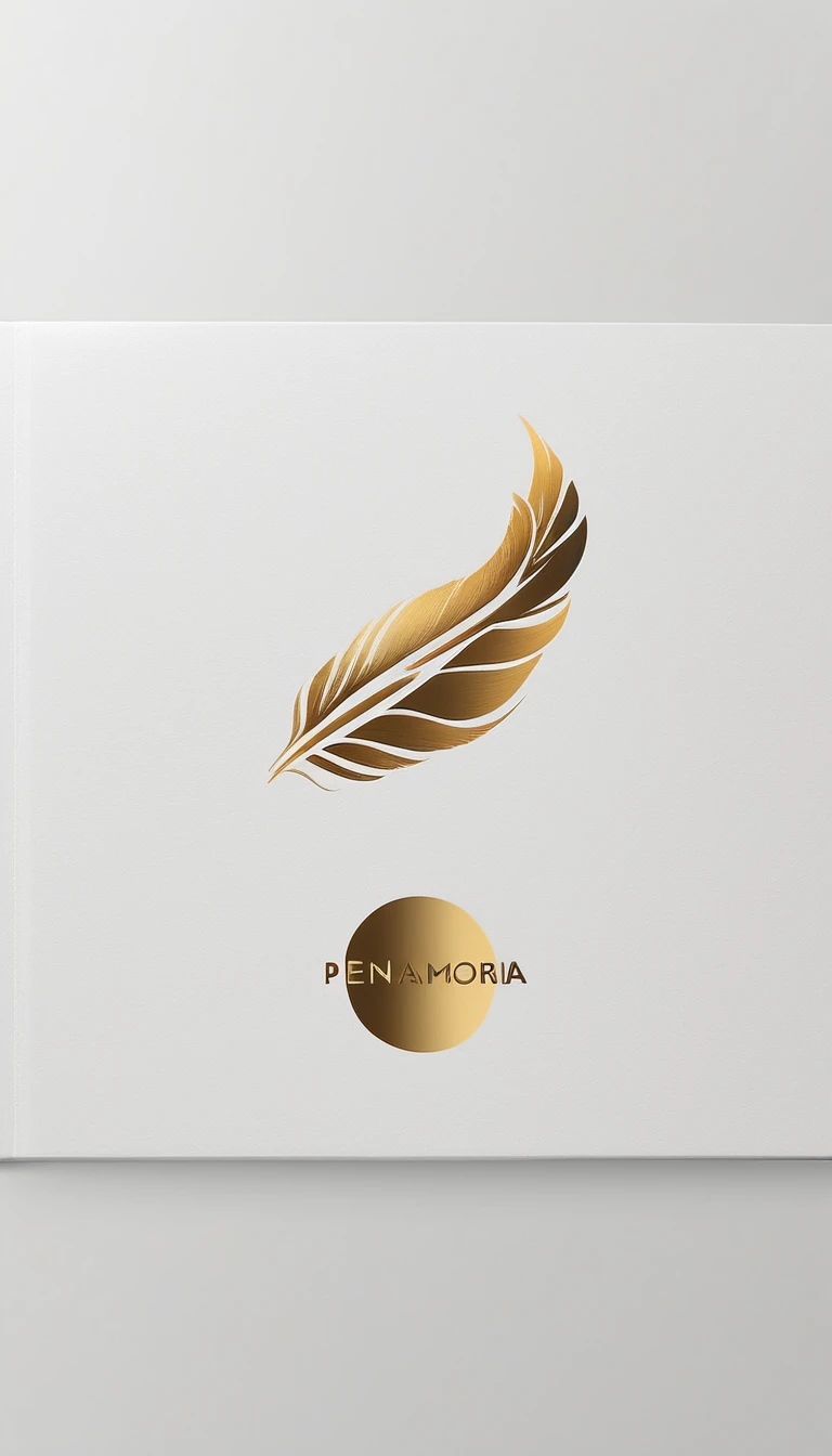 A minimal, modern, simple, cinematic logotype for the brand “Penamemoria". The logotype must be a simple, magical feather with memories of a bird . The logo must convey a sense of music, stories and dreams. Logo design impressed on a book cover. Minimalistic logo