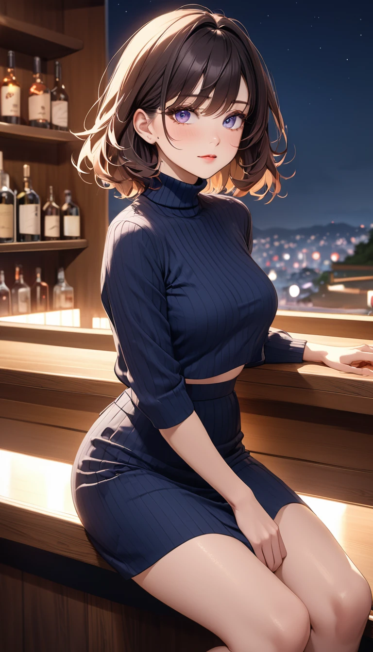 masterpiece, High resolution, perfect face, beauty of japan, 30 years old, beautiful face, night bar, turtle neck seater, skirt, embarrassed look, look at the camera, (top quality eyes), (detailed texture), look at me, Married woman, cool women, (high resolution eyes), sitting on the bar chair
