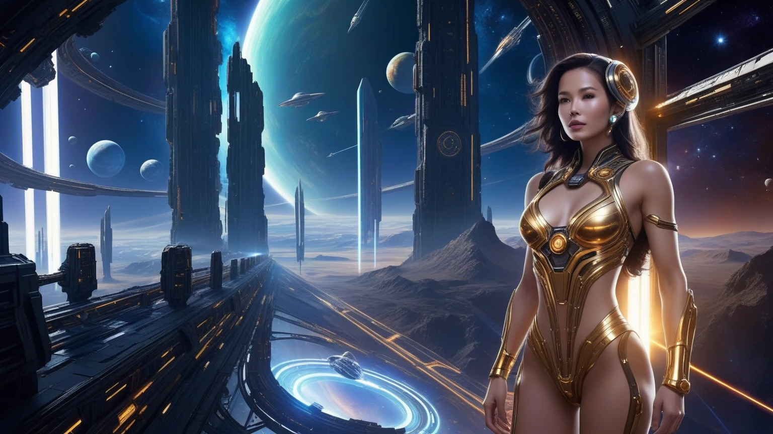 dark space of the universe, large artificial high-tech ring gate flies through space and time, flying sci-fi vehicle, cosmic light and the ancient energy of the Universe burst out from the depths of these gates and transport the viewer to other worlds, where it's light and cozy, sci-fi. (((1girl, solo, alone))), large-breast:1.2 slim body, cleavage:1.1, sexy elegant miniskirt, (((headphone, black sunglasses, standing and holding pistol pose))), (((half-body thigh level medium shot))), cinematic lighting, lens flare, ray tracing.