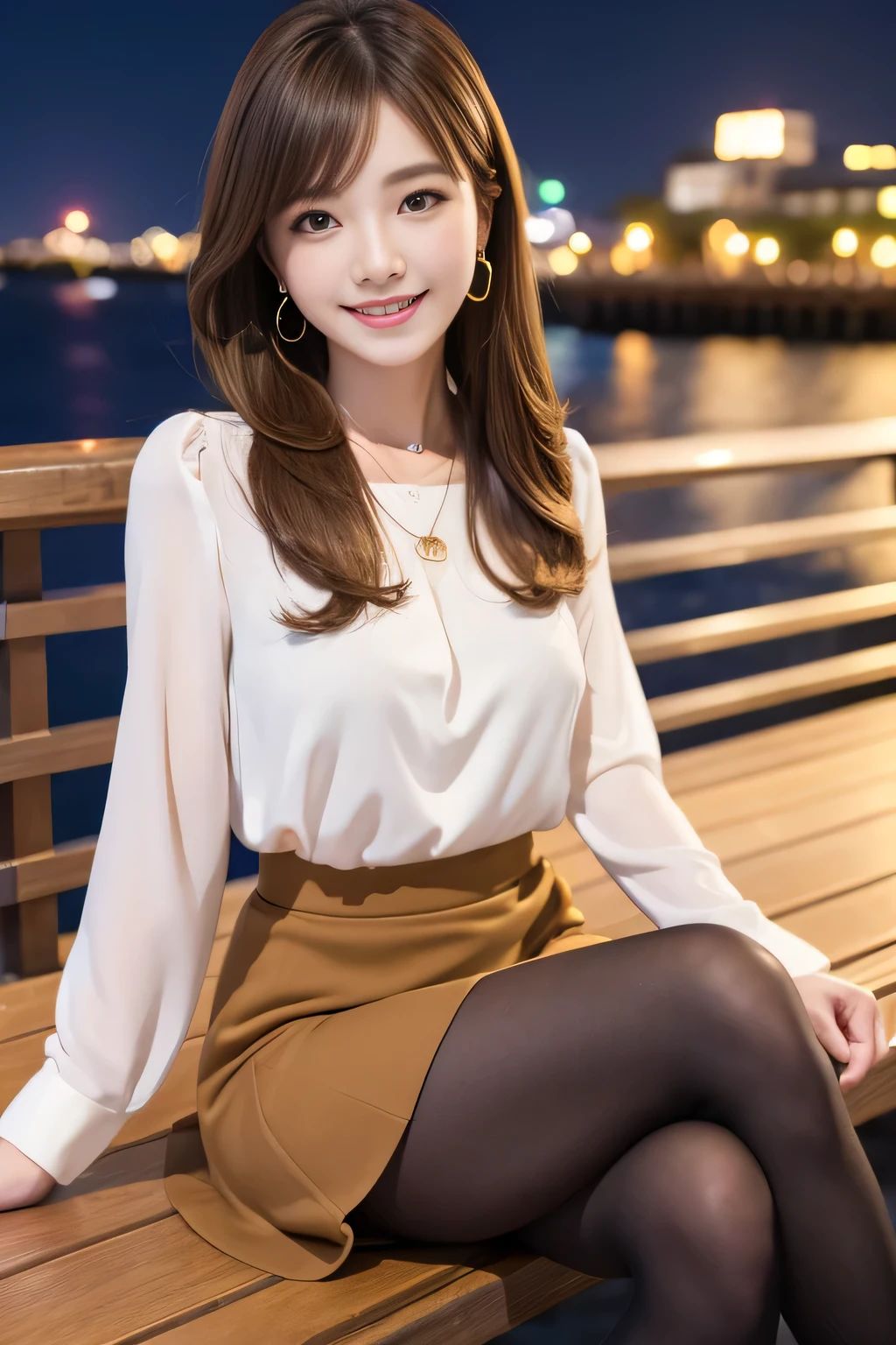 (detailed skin:1.2),(shiny skin:1.1),8k,best quality, masterpiece, ultra high res,Woman sitting on a bench on a pier、Full body photo、Long sleeve blouse、Knee-length skirt、tights、pumps、Light brown hair、hairstyle semi long、Ear piercing、Necklace around the neck、smile、Beautiful teeth alignment、Pier at night