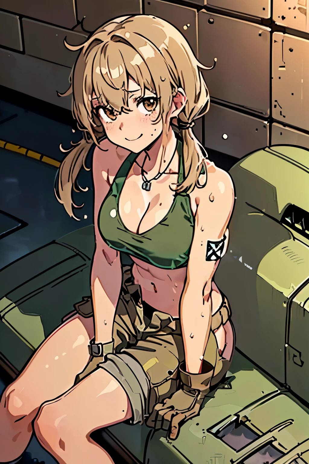 best quality, masterpiece, 1 mechanic girl, smiling, (wearing bikini-top, khaki cargo pants:1.4), gloves, dog tag necklace, (light brown low twintails hair with bangs:1.4), (sweating a lot, wet skin:1.3), (sitting sideways, hand between legs:1.3), (from above:1.4), at auto repair shop, (medium breast, cleavage:1.2)