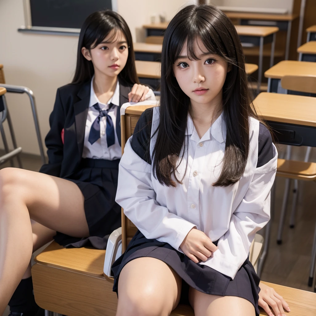 seifuku, photo, realistic, best quality, hires, detailed face, classroom, spread pussy