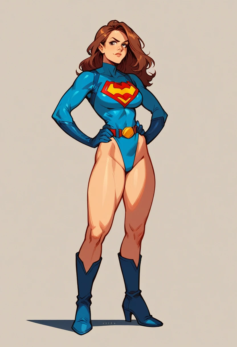1girl, superhero, leotard, bare legs, boots, standing, solo focus, tight belt, hands on hip, full body shot, mature lady

