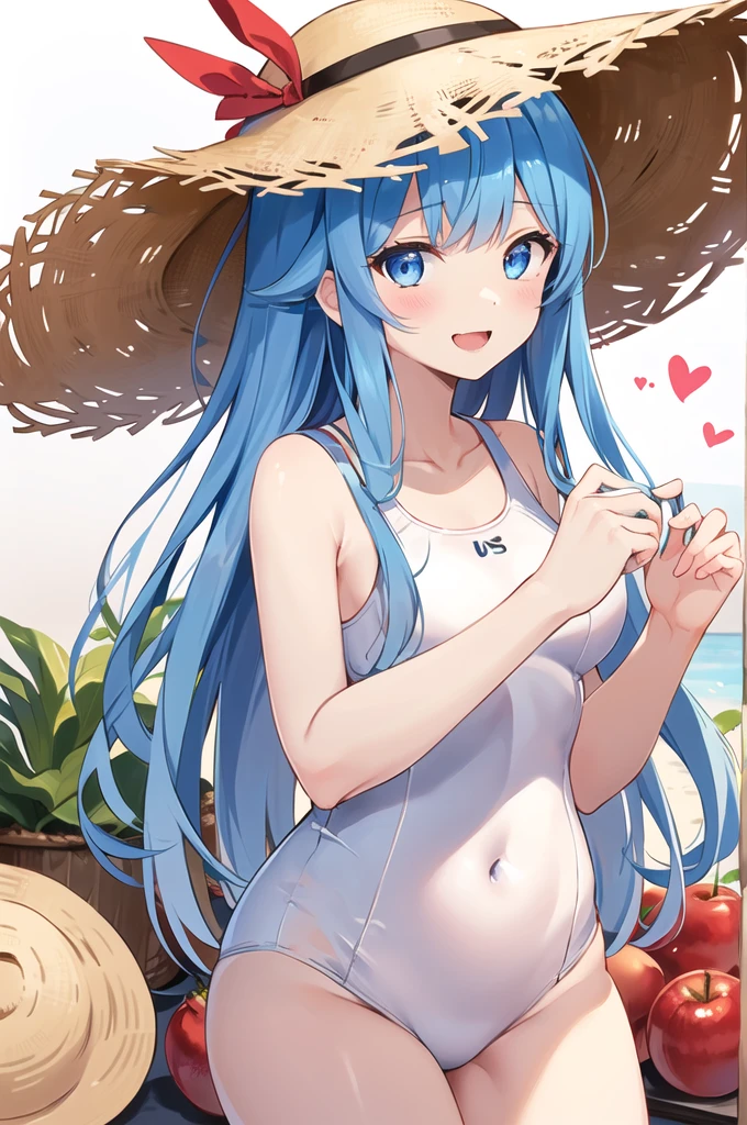 Girl、cute、Yandere、Menhera、Clear、Bangs、Young、Loriコン、、Young、cute、Light blue eyes、White pink hair、Super Long Style、Palm fruit、Straw hat、Big ribbon、cute、Spoiled、Watery eyes、heart、heart,smile、be happy、Eyes glow blue、Red cheeks、Hawaii、White swimsuit