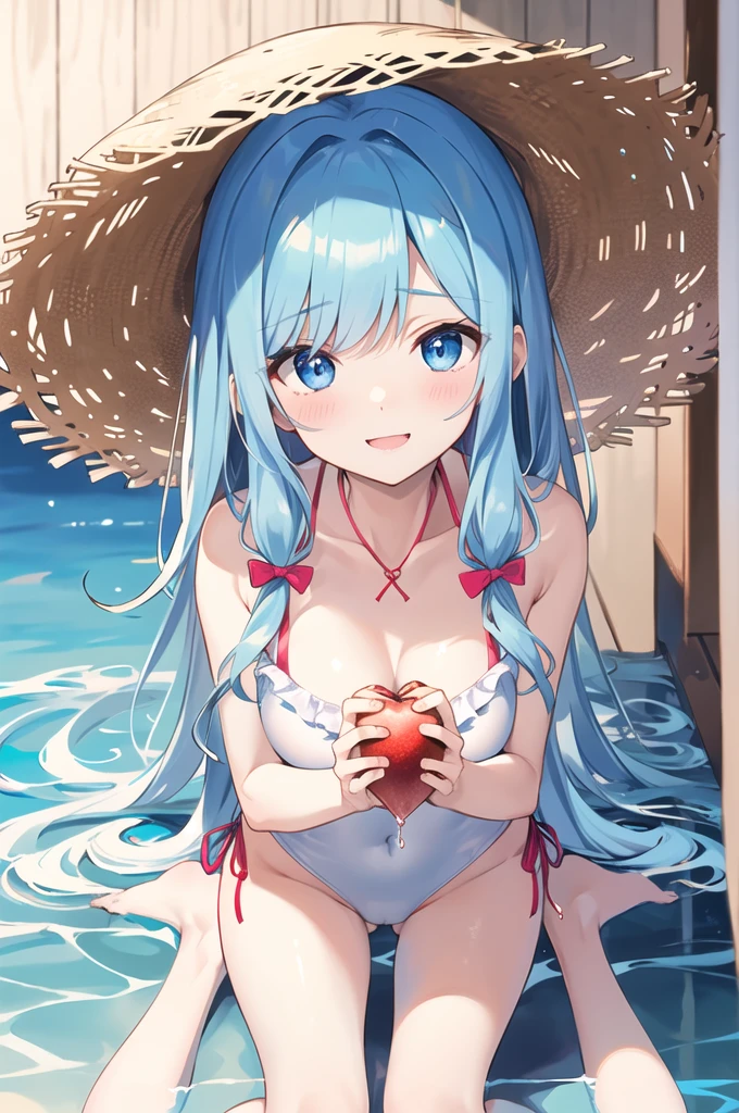 Girl、cute、Yandere、Menhera、Clear、Bangs、Young、Loriコン、、Young、cute、Light blue eyes、White pink hair、Super Long Style、Palm fruit、Straw hat、Big ribbon、cute、Spoiled、Watery eyes、heart、heart，smile、be happy、Eyes glow blue、Red cheeks、Hawaii、White swimsuit