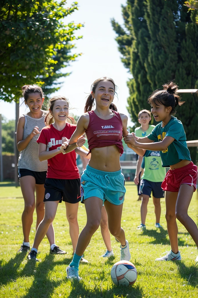 Create a highly realistic scene set in a bustling sports center in Italy. The focus is on a 13-year-old Italian ager surrounded by a group of much younger children of both sexes. They are all dressed in colorful T-shirts and shorts, reflecting their energetic and joyful mood.

 The 13-ynds in the center, a confident and cheerful leader. She has shoulder length brown hair tied in a ponytail and is wearing a bright red logoless t-shirt tied under her tiny breasts showing her midriff and blue shorts. Her face is lit up with a warm smile as she interacts with the children around her, radiating a sense of enthusiasm and camaraderie.
 Surrounding her are children aged between 5 and 10, each wearing T-shirts and shorts in various bright colors such as yellow, green, blue and orange. Their expressions are full of happiness and excitement as they interact with each other and the older girl. Some children hold sports equipment such as soccer balls and skipping ropes, indicating their availability for fun activities.

In the background is the lively setting of the sports center: an open field with freshly cut grass, a running track and various sports facilities such as basketball courts and a football field. Some trees and benches are scattered here and there, offering places of shade and rest. The sky is clear and blue, with the sun shining brightly, casting a warm light over the entire scene.

This scene captures the energetic and playful atmosphere of the sports centre, with the 13-year-old girl at e joyful group, creating a sense of unity and fun among the children. The vibrant colors of their outfits and lively interactions reflect the spirit of a summer day full of sports and laughter