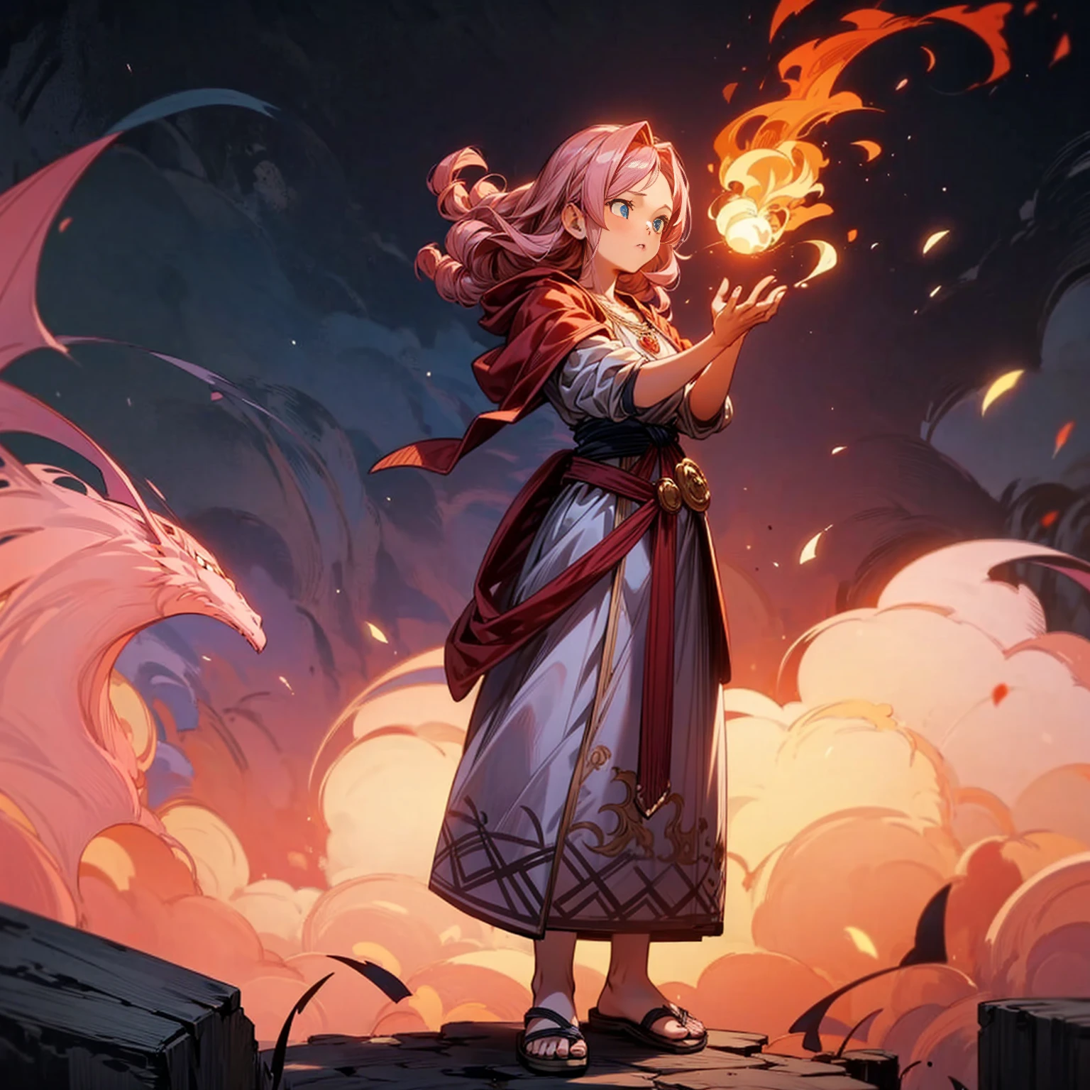 1girl, Full body version, 1character, blue eyes, long Curly haircut, pink colour hair, Ancient Roman clothing, red colour clothing, sandals, Grassroots, background in field town, motion blur, standing gesture, fire burning in hand, (dragon ball style art)