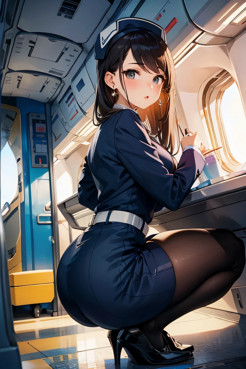 flight attendant、Beauty、Squat、Big Ass、Inside the plane、Adorable expression、Thigh exposure、Earrings