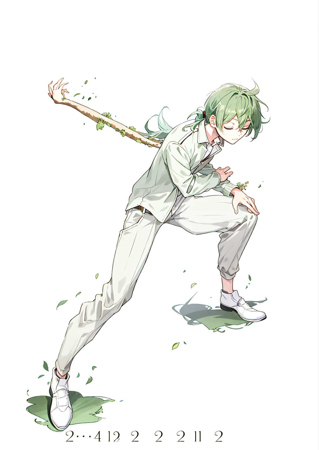 1 boy, 27 years old, full body, hair between eyes, dark green hair, Lower ponytail, collared shirt, slacks, safari jacket, closed eyes,