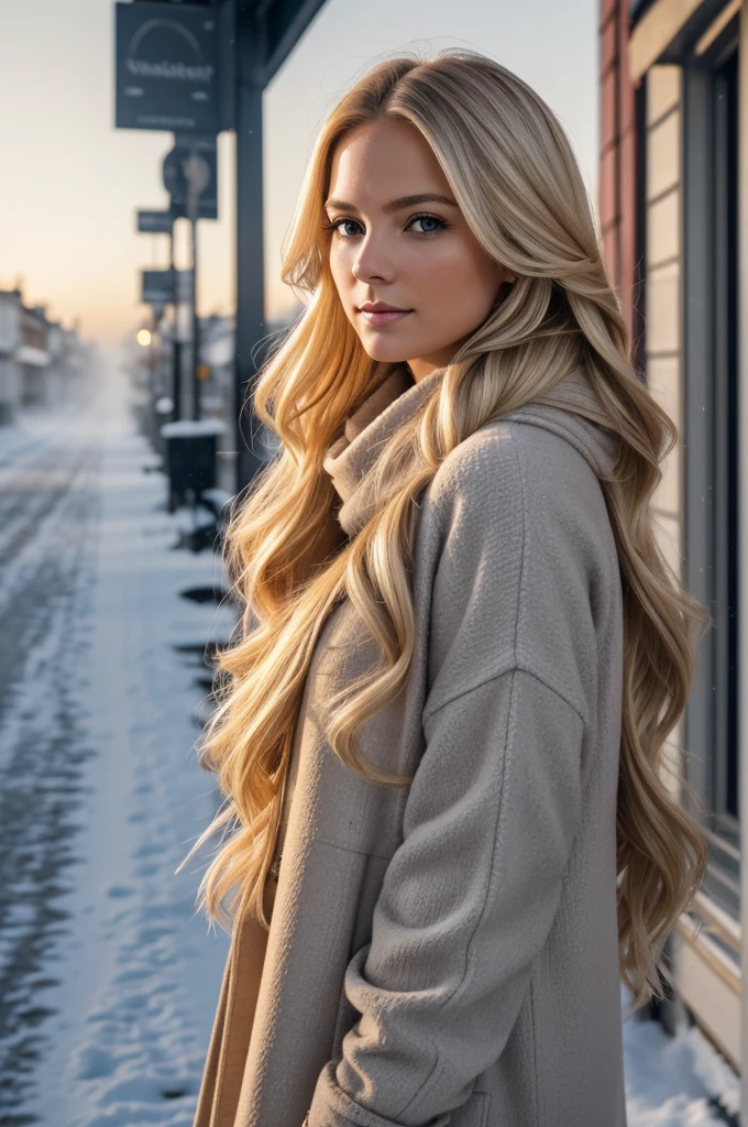 proFessional portrait photograph oF a gorgeous Norwegian girl in winter clothing with long wavy blonde hair, sultry Flirty look, gorgeous symmetrical Face, lindo maquillaje natural, wearing elegant warm winter Fashion clothing, ((parado afuera en una calle nevada de la ciudad)), impresionante entorno urbano moderno, ultra realista, Arte conceptual, elegant, muy detallado, Intrincado, sharp Focus, depth oF Field, F/1. 8, 85mm, tiro medio, plano medio, (((proFessionally color graded))), bright soFt diFFused light, (volumetric Fog), tendencia en instagram, hdr 4k, 8K
