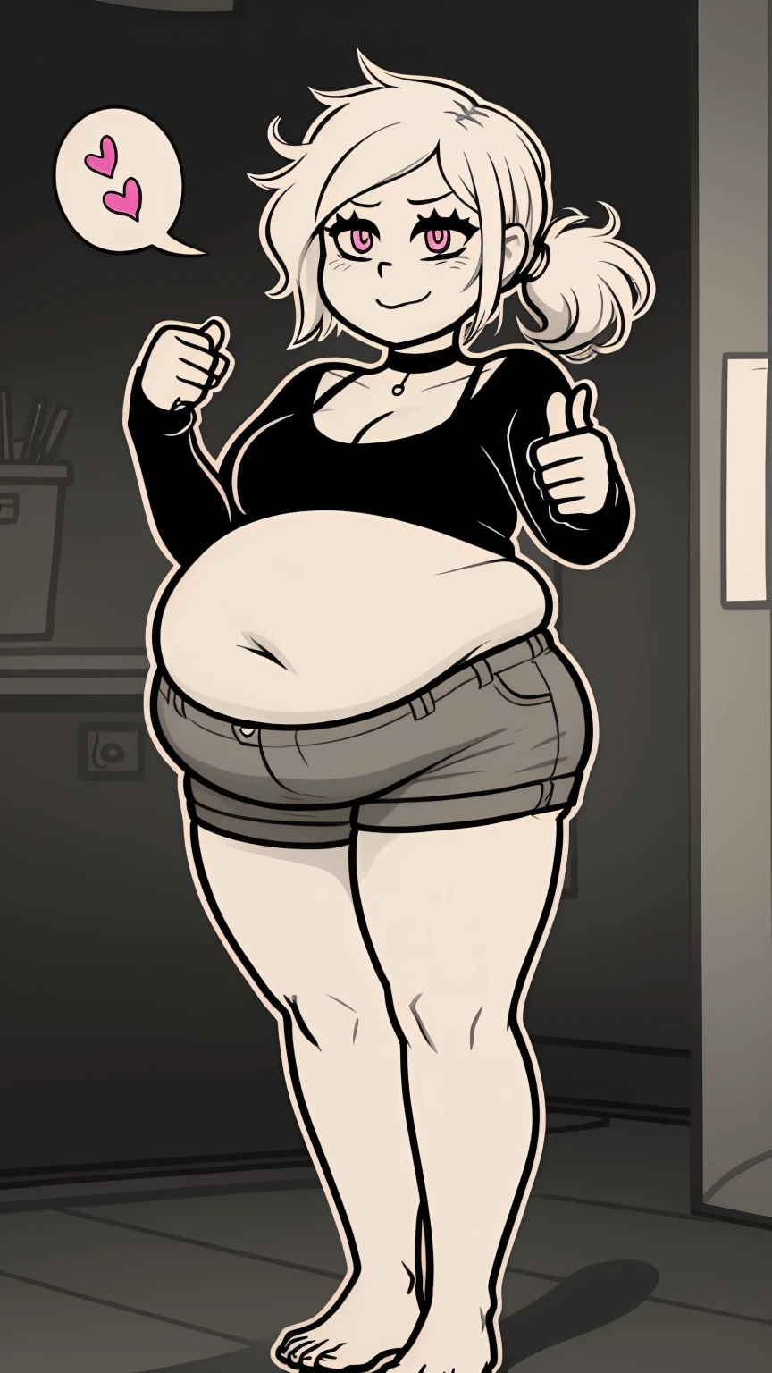 (Bloated belly:1.1)highres, ashleygraves, 1girl, solo, wide open eyes, pink eyes, low ponytail, white outline, monochrome, choker, indoors, smile, looking at viewer, <3, cat ears, full body, thumb up, one hand, spoken heart