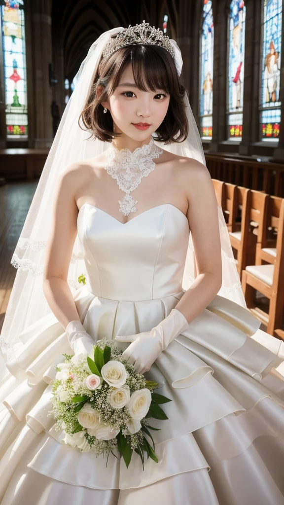 (8k, Photorealistic, Raw photo, Highest quality: 1.4),Japanese idol-style beautiful girl,model,1 person,18-year-old,(Short Bob),(Black Hair),tiara,She has her hair tucked behind her ears,Clear grey eyes,Long eyelashes,Eyeliner,eyeliner,(piercings(small)),cheek(Beige brown color),(Lip gloss),lips(Plump,glossy),Translucent white and finely textured skin,thin long neck,Thin and delicate shoulders,(Lace gloves(White)),(Wedding Bouquet),(Wedding dress(Frills,Plumpしたロングスカート :1.1)),(layer),(Fishnet tights(White)),(High heels(White)),(Background of a Gothic-style stone church with stained glass windows),Smiling at the camera,Full body portrait